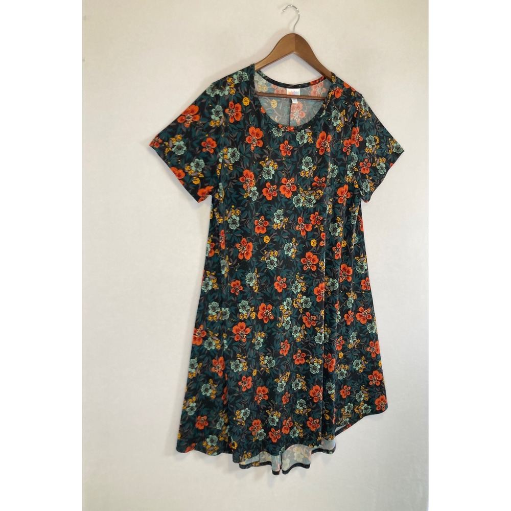Floral Boho LuLaRoe Women XL Teal Orange Short Sleeve Pocket‎ Swing Dress - Picture 10 of 10